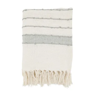 50x60 Boho Charm Woven Striped with Fringe Throw Blanket Ivory - Saro Lifestyle