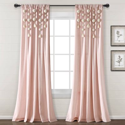 84x52 Boho Pom Pom Tassel Linen Window Curtain Panels Blush - Lush Dcor