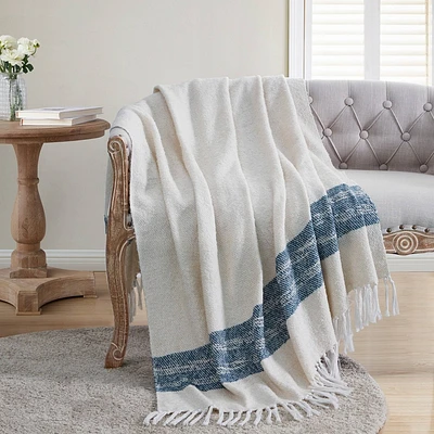 VCNY 50x60 Tanya Striped Cotton-Rich Throw Blanket Ivory/Navy: Cozy Knotted Fringe, Hypoallergenic