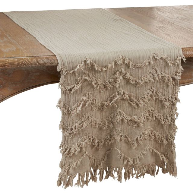 72 x 16 Cotton Fringed Chevron Table Runner Beige - Saro Lifestyle