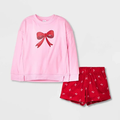 Girl 2pc Bow Long Sleeve Sweathirt Boxer Pajama Set