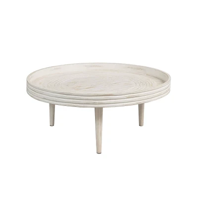 The Urban Port 33 Coffee Table Solid Mango Wood Handcrafted Round Grooved Raised Edge Distressed White