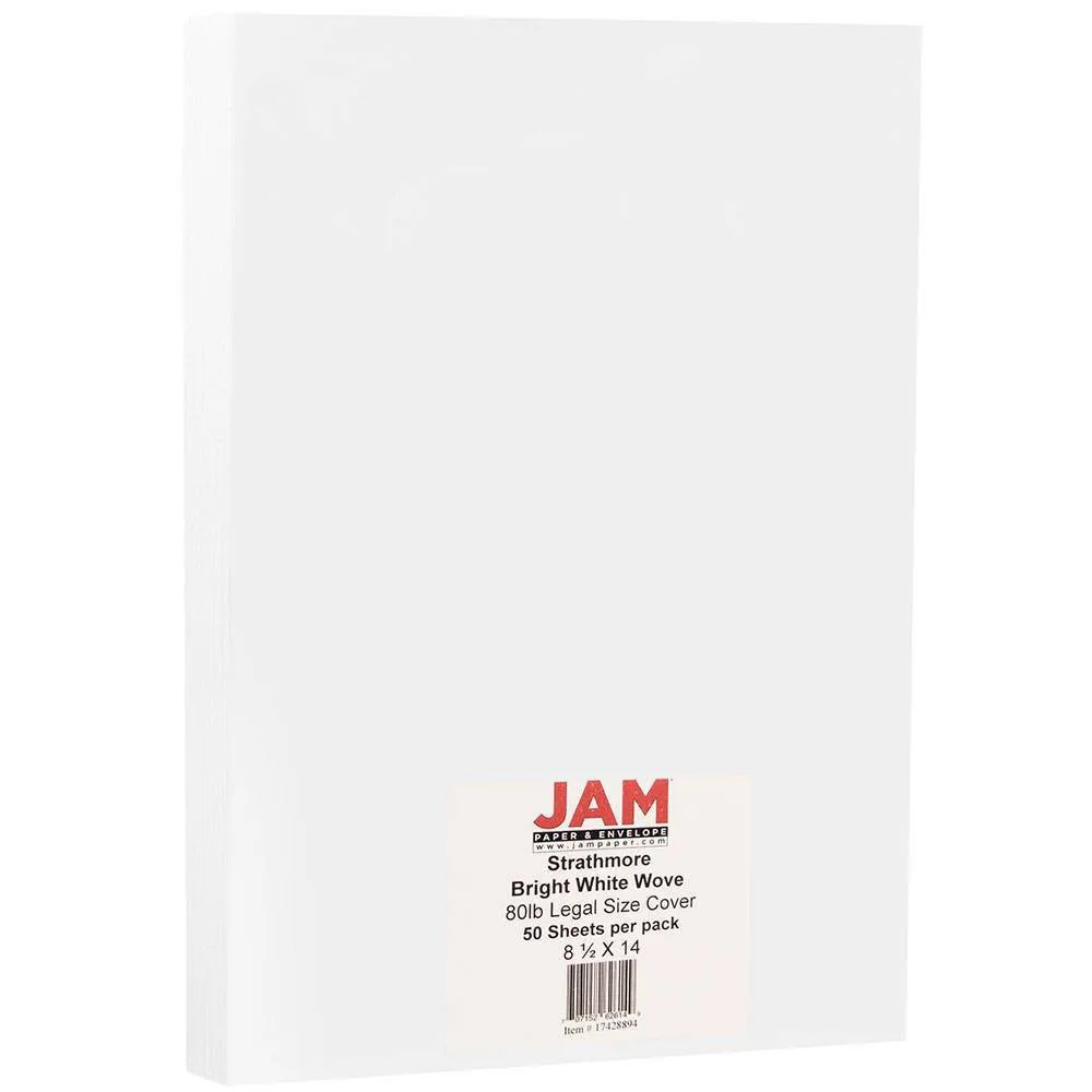 JAM Paper 8.5x14 Legal Cardstock Coverstock Strathmore 80lb 50 Sheets  Bright White Wove