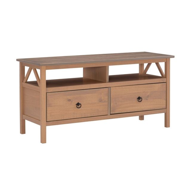 Linon 44 Titian Transitional Solid Wood Media Cabinet 2 Drawer Rustic TV Stand for TVs up to 40  : Pine Frame, Fixed Shelves