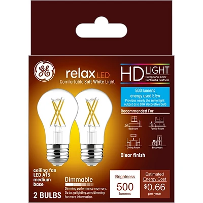 GE 2pk 60W Relax A15 LED Ceiling Fan Light Bulb Soft White: Dimmable Edison Light Bulbs, 500 Lumens, E26 Base, 2700K