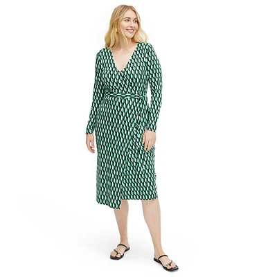 Womens Long Sleeve Midi Arrow Geo Green Wrap Dress