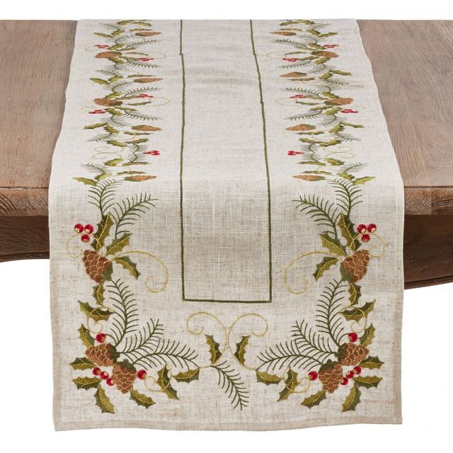 16x108 Embroidered Pinecone and Holly Runner Natural - Saro Lifestyle