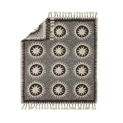 50x60 Soleil Throw Blanket Black/Cream - Jungalow by Justina Blakeney: Bohemian Suzani Quilt Design, Tasseled Edges