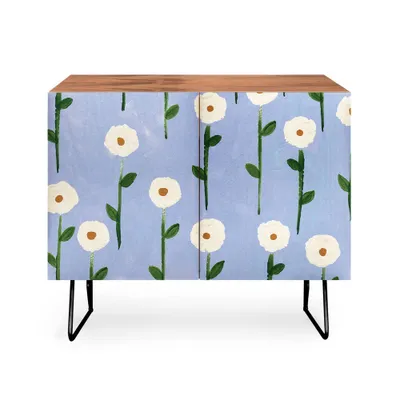 Reves et Histoires Cute Little Flowers Black Legged Credenza: Mid-Century Modern, Adjustable Shelves - Deny Designs