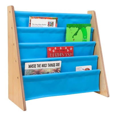 WildKin Vegan Leather Kids Original Sling Bookshelf Natural Wood with Blue: 4 Shelves, MDF Frame, Ages 3-10, 24 Height