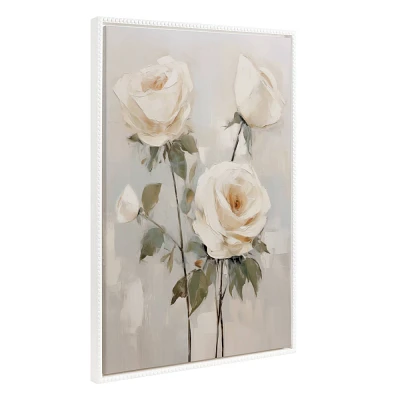 Kate & Laurel All Things Decor 23x33 Sylvie Beaded Soft White Roses Framed Canvas by The Creative Bunch Studio White