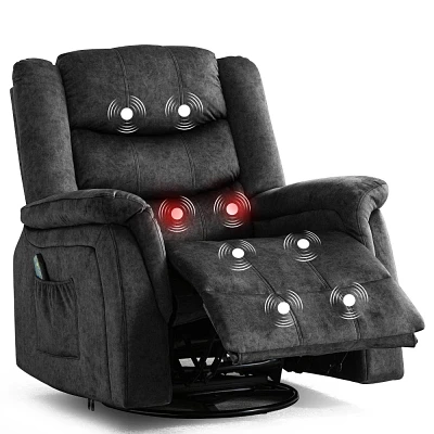 COMHOMA Recliner Chair with Heat and Massage 360 Degree Swivel Fabric Rocking Recliner Gray