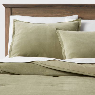 Full/Queen Cotton Velvet Comforter and Sham Set Green - Threshold: Luxurious Bedding, OEKO-TEX Certified