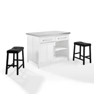 Silvia Stainless Steel Top Island with Upholstered Saddle Stools White/Black - Crosley