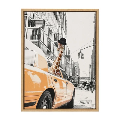 Kate & Laurel All Things Decor 18x24 Sylvie Giraffe in New York Framed Canvas Wall Art by July Art Prints Natural Zoo Animal City