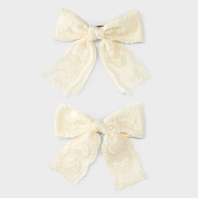 Satin Lace Bow Hair Barrette Set 2pc - Wild Fable Cream