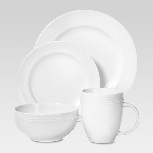 16pc Porcelain Beaded Rim Dinnerware Set White - Threshold