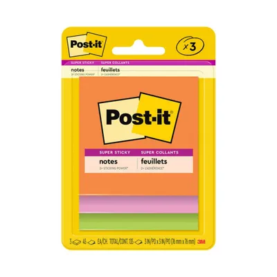 Post-it Super Sticky Notes, 3 in. x 3 in., Energy Boost Collection, 3 Pads/Pack