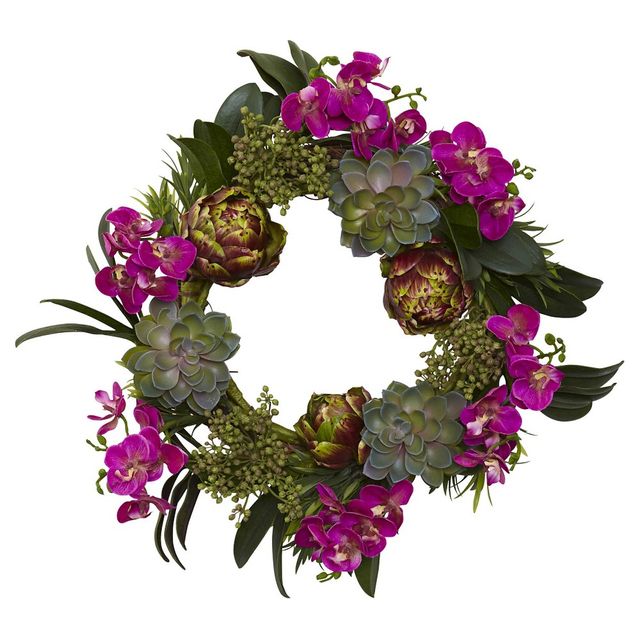 Nearly Natural Orchid Artichoke and Succulent Wreath Purple (20): Indoor Faux Floral Decor, Unlit Circle Display