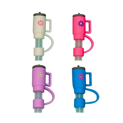 CharCharms 4pk Tumbler Straw Topper: Pink PVC Straw Covers & Tumbler Accessories, Dishwasher-Safe, Hot/Cold Beverages