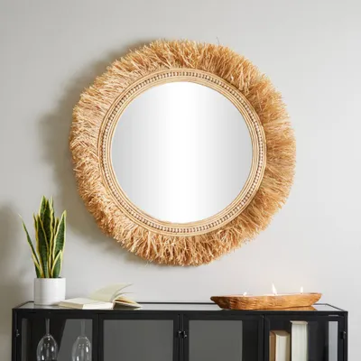 Seagrass Wall Mirror with Fringe Detailing Light Brown - The Novogratz