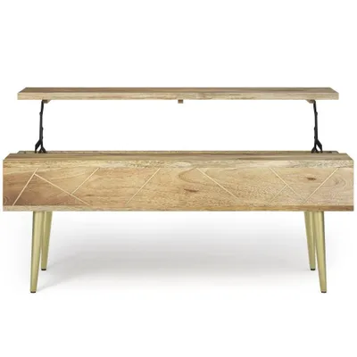 Large Bissell Lift Top Coffee Table Natural - WyndenHall: Mid-Century Modern, Mango Wood, Brass Frame, 160lb Capacity