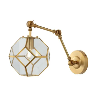 7.5 1-Light Honeycomb Modern Contemporary Arm-Adjustable Iron/Glass LED Sconce Brass Gold/Clear - JONATHAN Y: UL Listed, Mid-Century Design