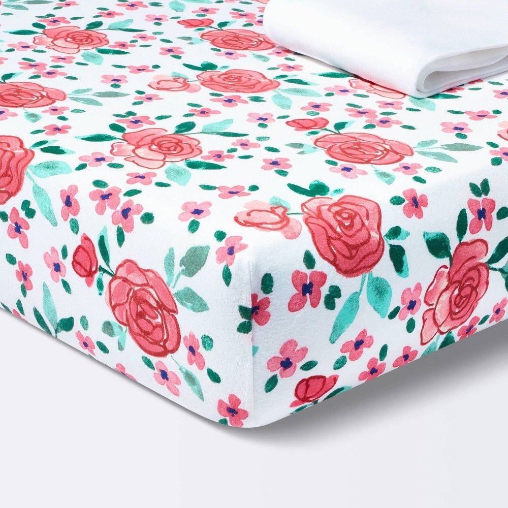 Fitted Jersey Crib Sheet - Pink Floral - 2pk - Cloud Island