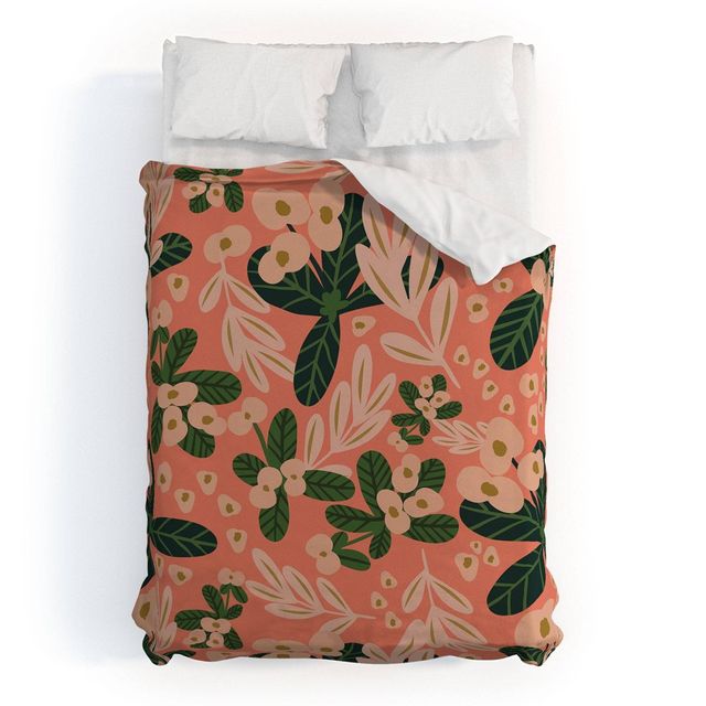 King Oris Eddu Poppy Pine Cotton Duvet Set Pink - Deny Designs: Botanical Pattern, 200 Thread Count, Hidden Zipper