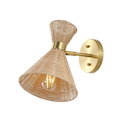 JONATHAN Y Zoey 10 1-Light Mid-Century Vintage Retro Rattan/Metal Sconce with Adjustable Shade Brass : Wall Lamp, UL Listed