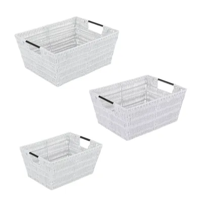 Simplify 3pc Rattan Tote Set with Sterling Silver Handles White: Decorative Storage Bins, No Assembly Required