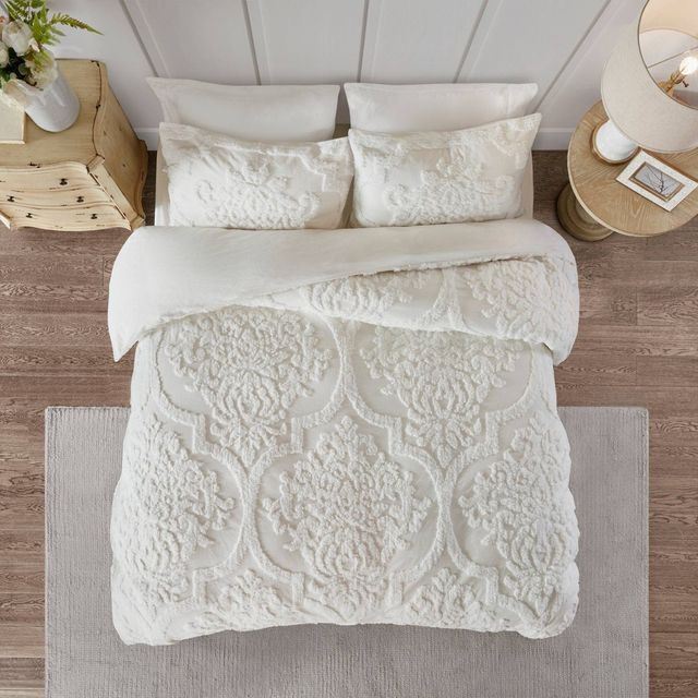 Eugenia Full/Queen 3pc Tufted Chenille Duvet Cover Set White: Madison Park, Cotton, Shabby Chic Style