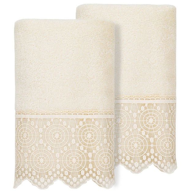 2pc Arian Cream Lace Embellished Hand Towels Dark Gray - Linum Home Textiles