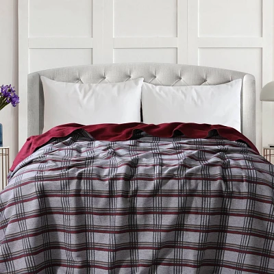 Tribeca Living Plaid Cotton Acrylic Reversible Blanket Deep Red