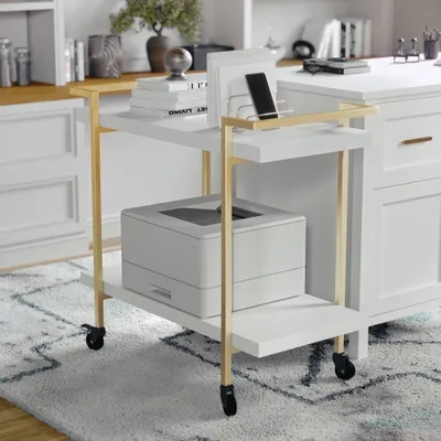 2 Tier Mobile Wood Grain Office Storage and Printer Cart with Polished Brass Frame White - Martha Stewart: Locking Casters, Easy Assembly