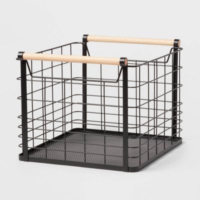 Large Wire Natural Wood Handles Milk Crate Black - Brightroom: Powder-Coated Metal Storage Basket with Handles