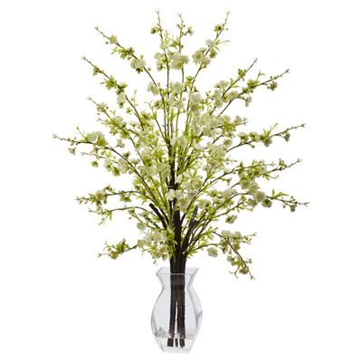 Cherry Blossom in Glass Vase White - Nearly Natural: Silk Faux Plant, Acrylic & Iron Wire Accents