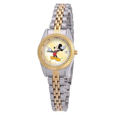 Womens Disney Mickey Mouse Two-Tone Link Watch with Gold Dial