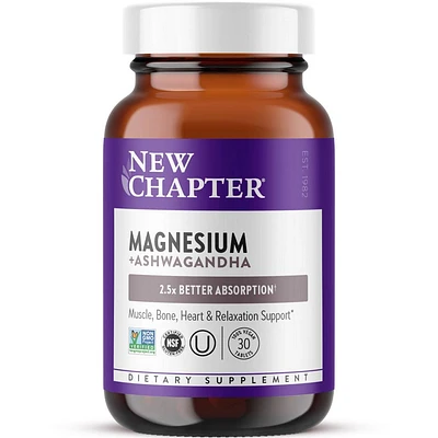 New Chapter Magnesium + Ashwagandha for Muscle & Relaxation Support, 325 mg with Magnesium Glycinate, Non-GMO Vegan Tablets - 30 ct