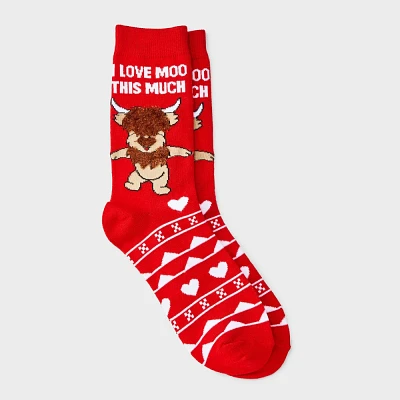 Women Highland Cow I Love Moo Thi Much Valentine Day Crew Sock - Red/White 4-10