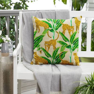 x Outdoor Square Throw Pillow Yellow/Green: Weather-Resistant, Tropical Jungle Cat Design