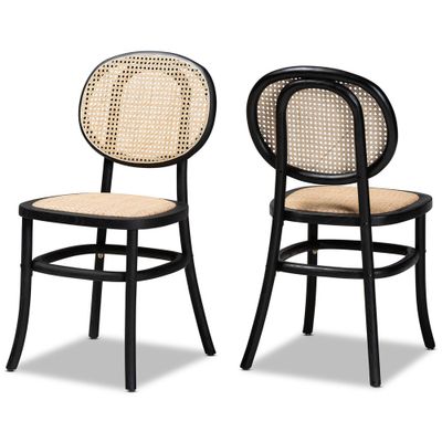 2pc Garold Woven Rattan & Wood Cane Dining Chair Set - Baxton Studio: Beech Frame, Mid-Century Design