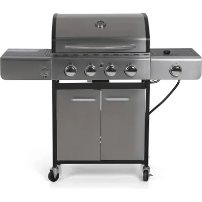 Captiva Designs E02GR001 Stainless Steel 4-Burner Propane Gas Grill with Side Burner and Side Tables: Outdoor BBQ, Porcelain Grates, 42,000 BTUs