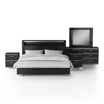 miBasics 5pc  Shorehaven Bedroom Set with 2 Nightstands Black/Chrome: Modern Furniture, Mirror Included