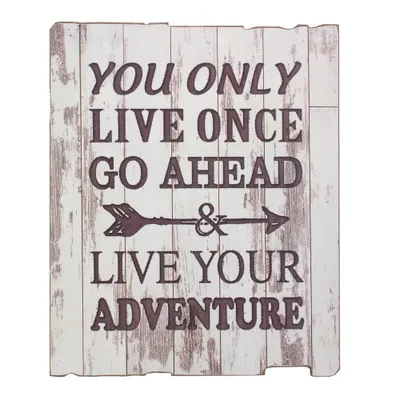 Rustic Wood Live Your Adventure Worn White Painted Wall Art with Attached Hanger - Stonebriar Collection: Vertical MDF Travel Sign