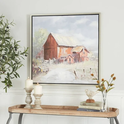 Canvas Landscape Barn Framed Wall Art with Silver Frame - Olivia & May: Modern Farmhouse Decor