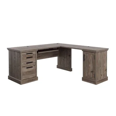 66x66 Aspen Post 2 Cartons L Shape Desk Pebble Oak- Sauder: Office Workstation with Fixed Shelf