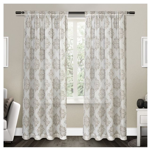 Set of 2 96x54 Nagano Belgian Linen Ikat Print Rod Pocket Sheer Window Curtain Panel Taupe - Exclusive Home: Medallion Pattern, Light Filtration