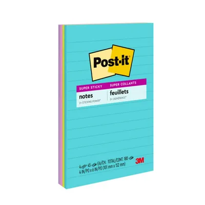 Post-it Super Sticky Notes, 4 in. x 6 in., Supernova Neons Collection, 4 Pads/Pack, 45 Sheets/Pad, Lined