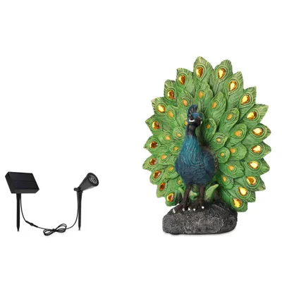 Techko Maid Peacock Proud Solar Outdoor Garden Statue Decor with Spotlight: Weather-Resistant, LED Patio Lights